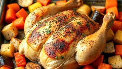 Baked chicken with colorful vegetables on a tray