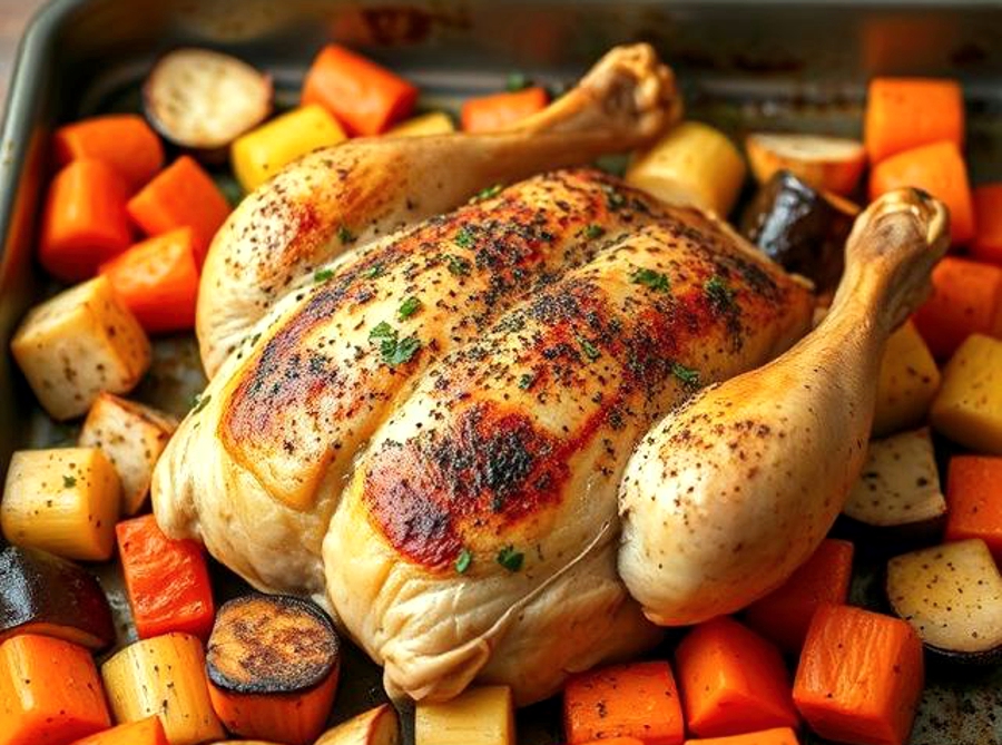 Baked chicken with colorful vegetables on a tray