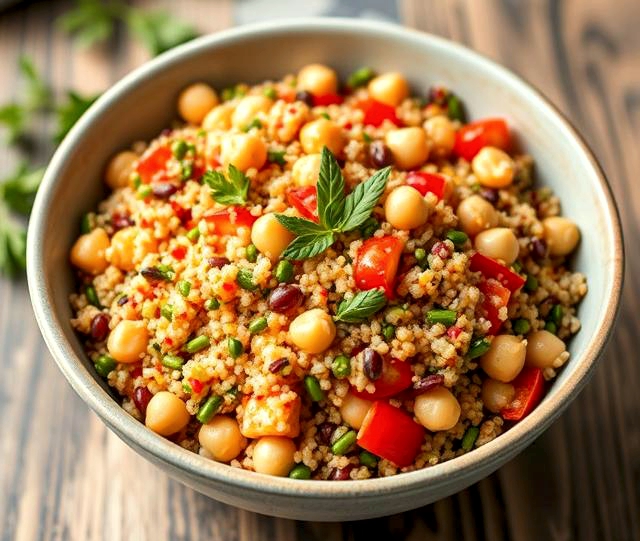 Colorful quinoa chickpea salad in a bowl
