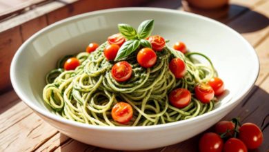 Zucchini noodles with pesto in a bowl