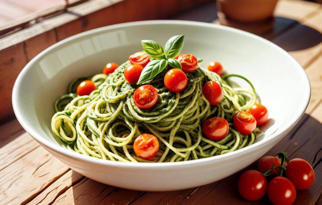 Zucchini noodles with pesto in a bowl
