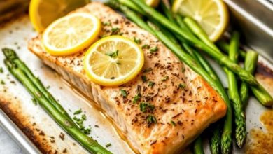 One-pan lemon garlic salmon with asparagus on a tray