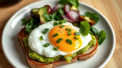 Quick avocado toast with egg on a plate